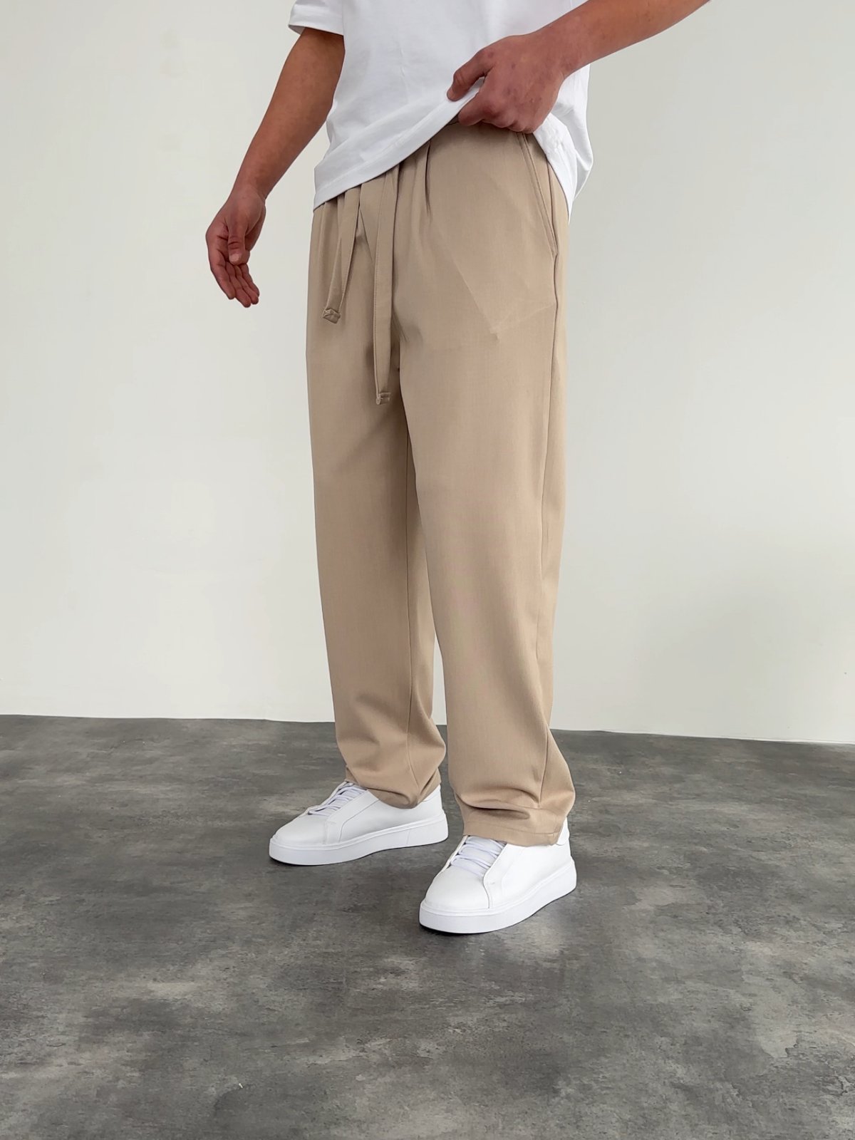 Krem Keten Beli Lastikli Baggy Pantolon