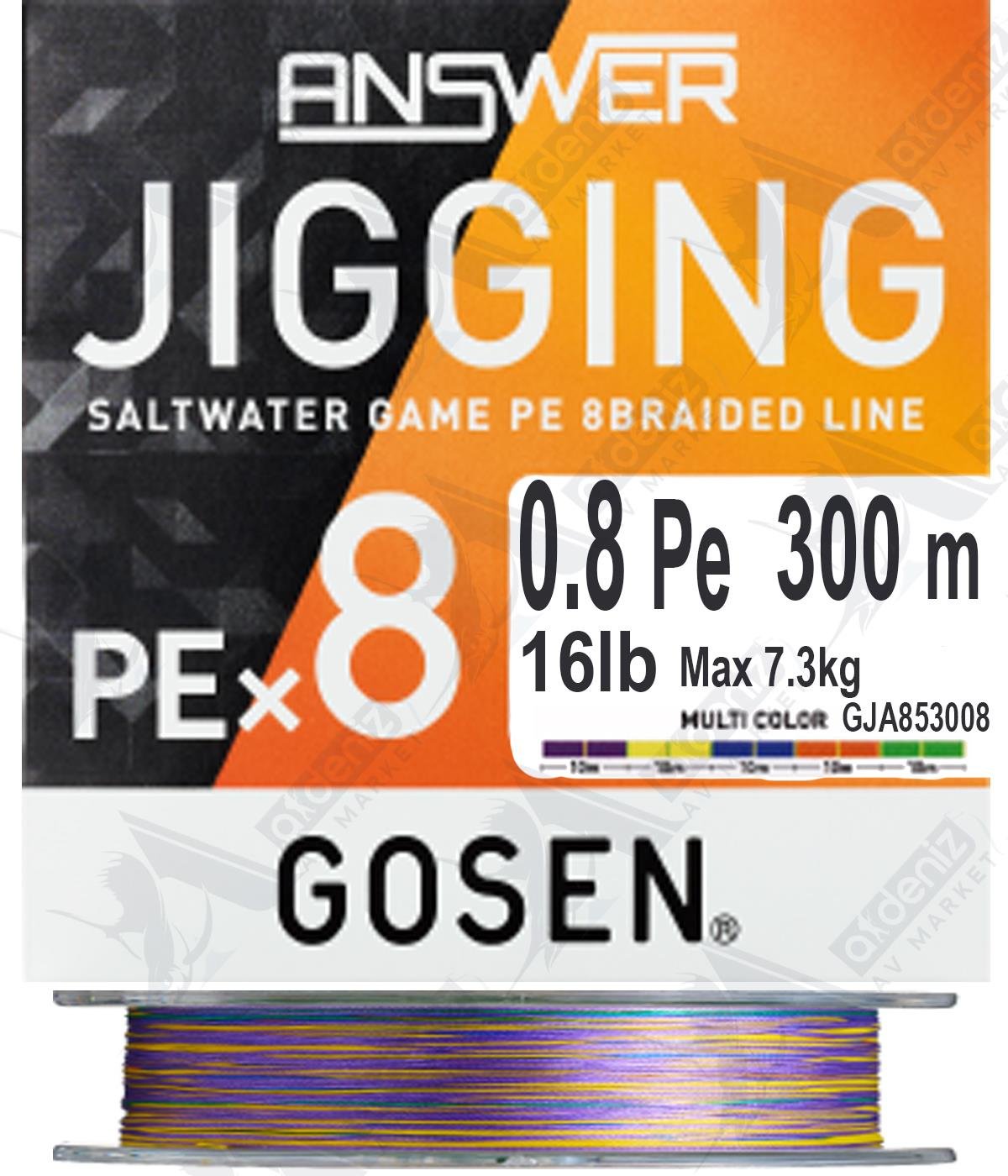 Gosen Answer Jigging PE X8 Örgü 0.8Pe 0.148mm 16Lb 7.3Kg Jig ve Tai Rubber Multicolor İp Misina 300mt.GOSEN