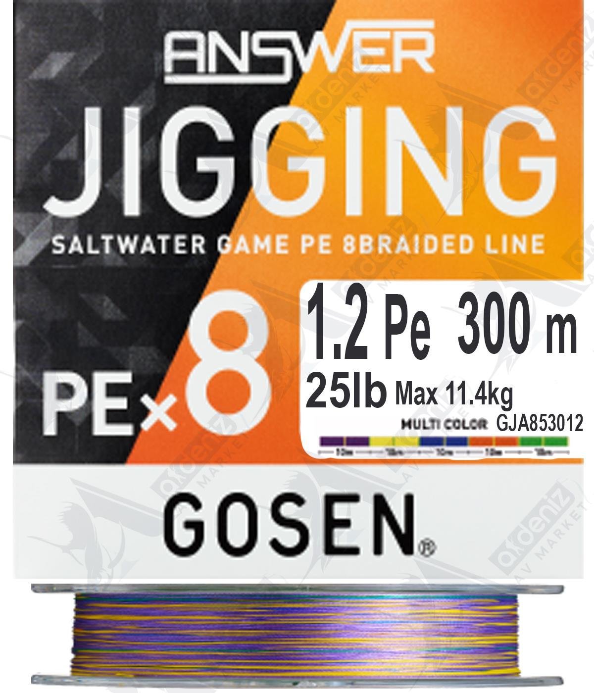 Gosen Answer Jigging PE X8 Örgü 1.2Pe 0.185mm 25Lb 11.4Kg Jig ve Tai Rubber Multicolor İp Misina 300mt.GOSEN