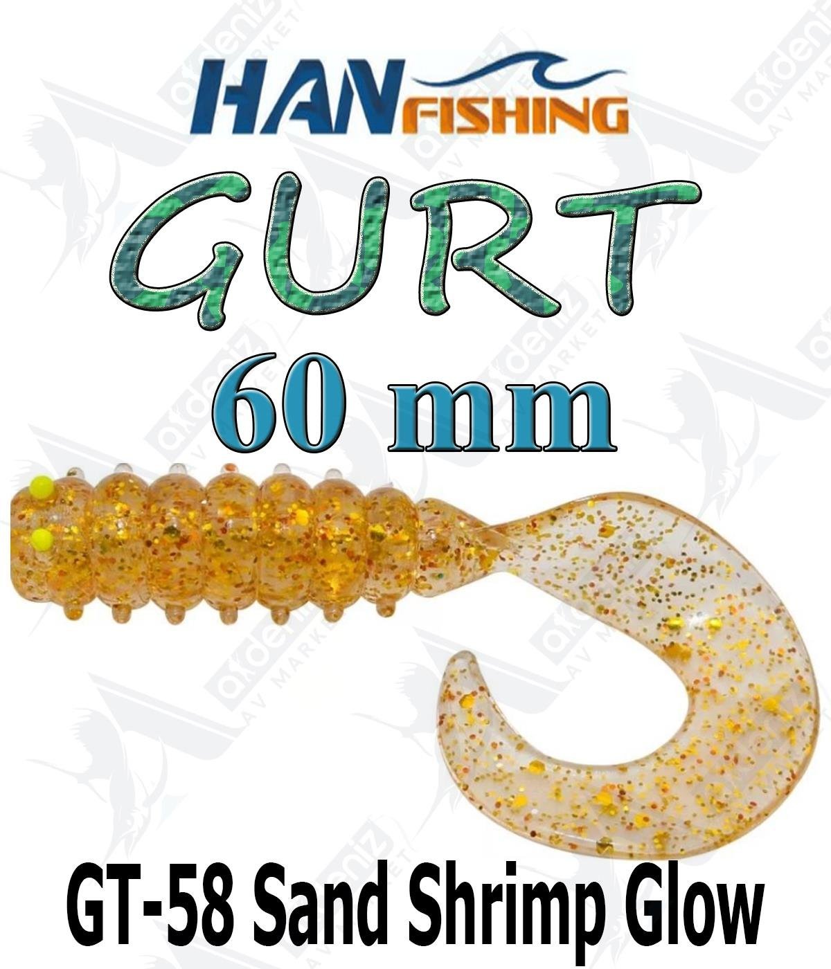 Hanfish Gurt 60 mm Orak Kuyruk Lrf Silikon Kurt 8' li Paket #GT-58 Sand Shrimp GlowHAN FİSHİNG