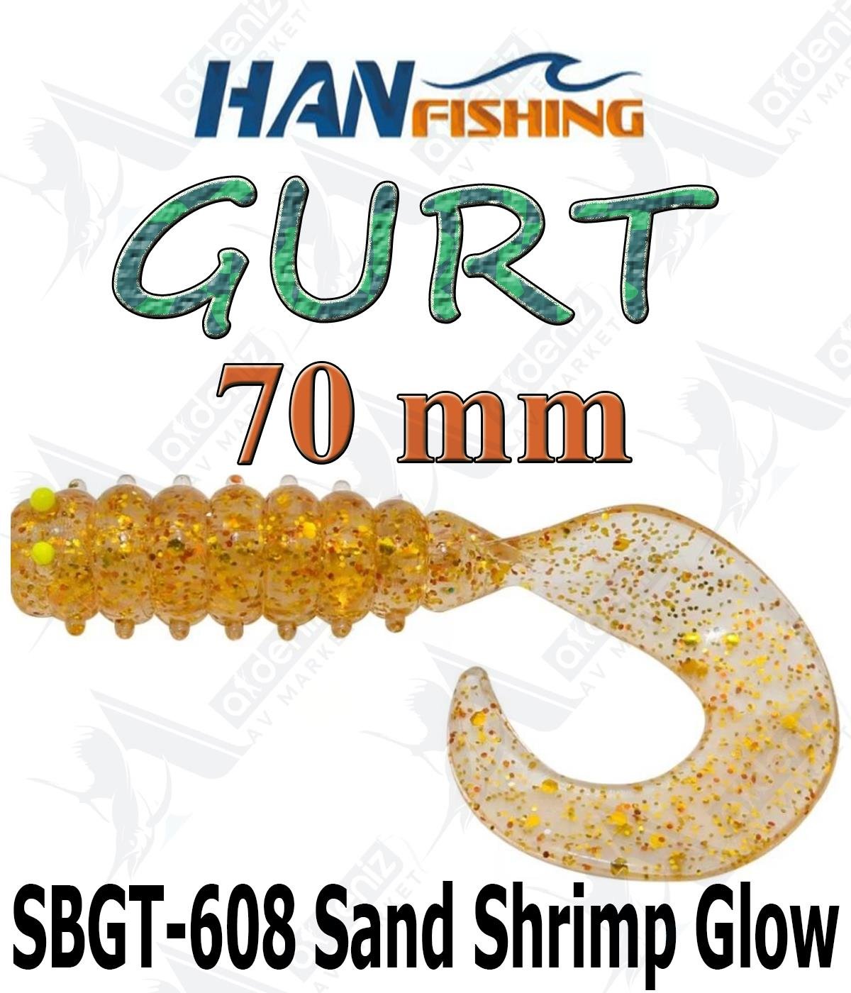 Hanfish Gurt 70 mm Orak Kuyruk Lrf-Spin Silikon Kurt 8' li Paket #SBGT-608 Sand Shrimp GlowHAN FİSHİNG