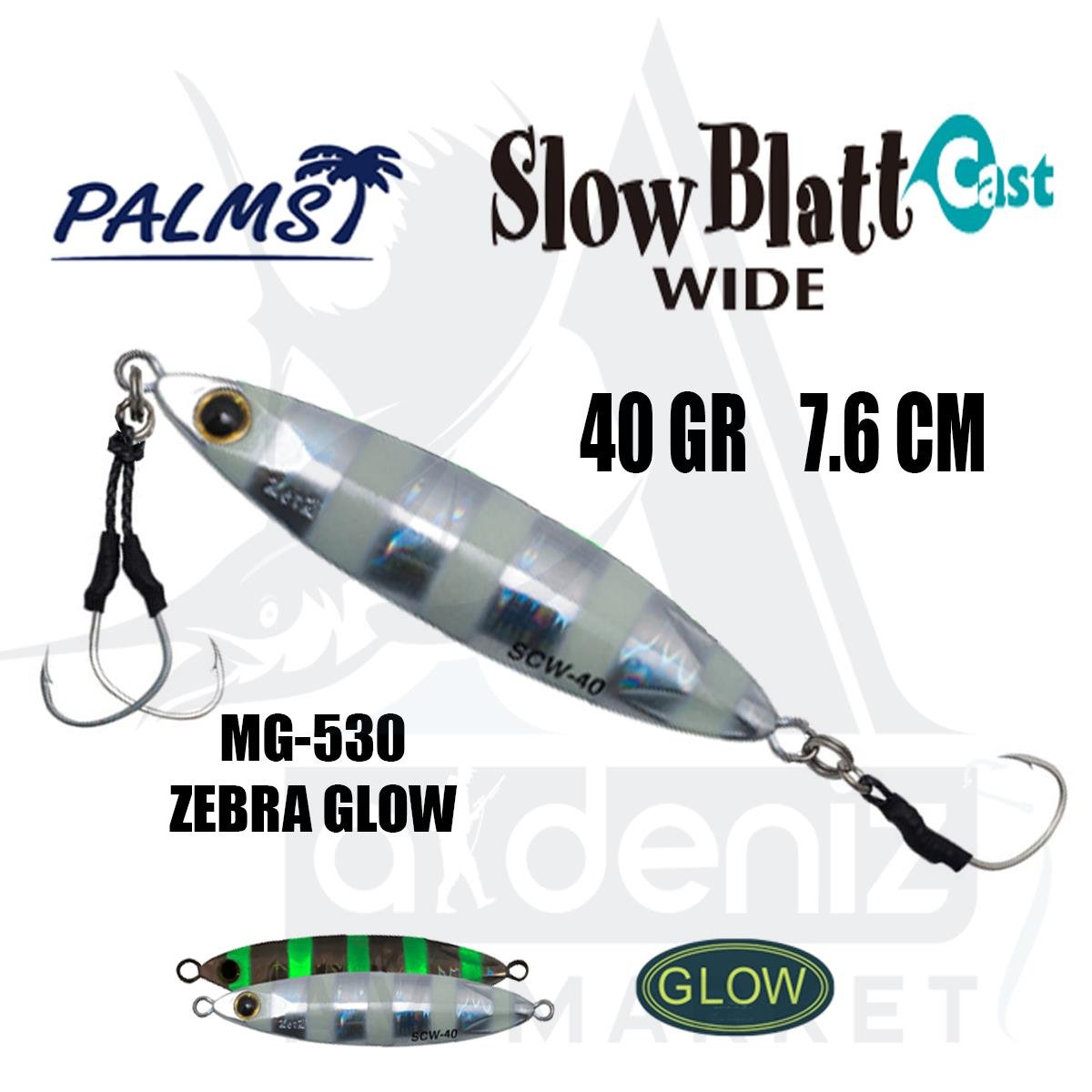 PALMS Zetz Slow Blatt Cast Wide Jig 40gr 7.6cm Jig Yem Color: MG-530 Zebra GlowPALMS