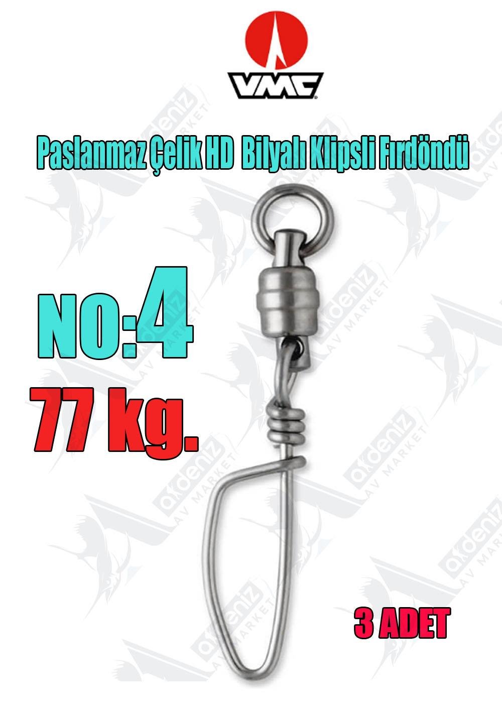 VMC Paslanmaz Çelik HD Bilyalı Klipsli Olta Fırdöndüsü No:4 (77 kg) 3 Pcs. SSHDBBTSS4VMC