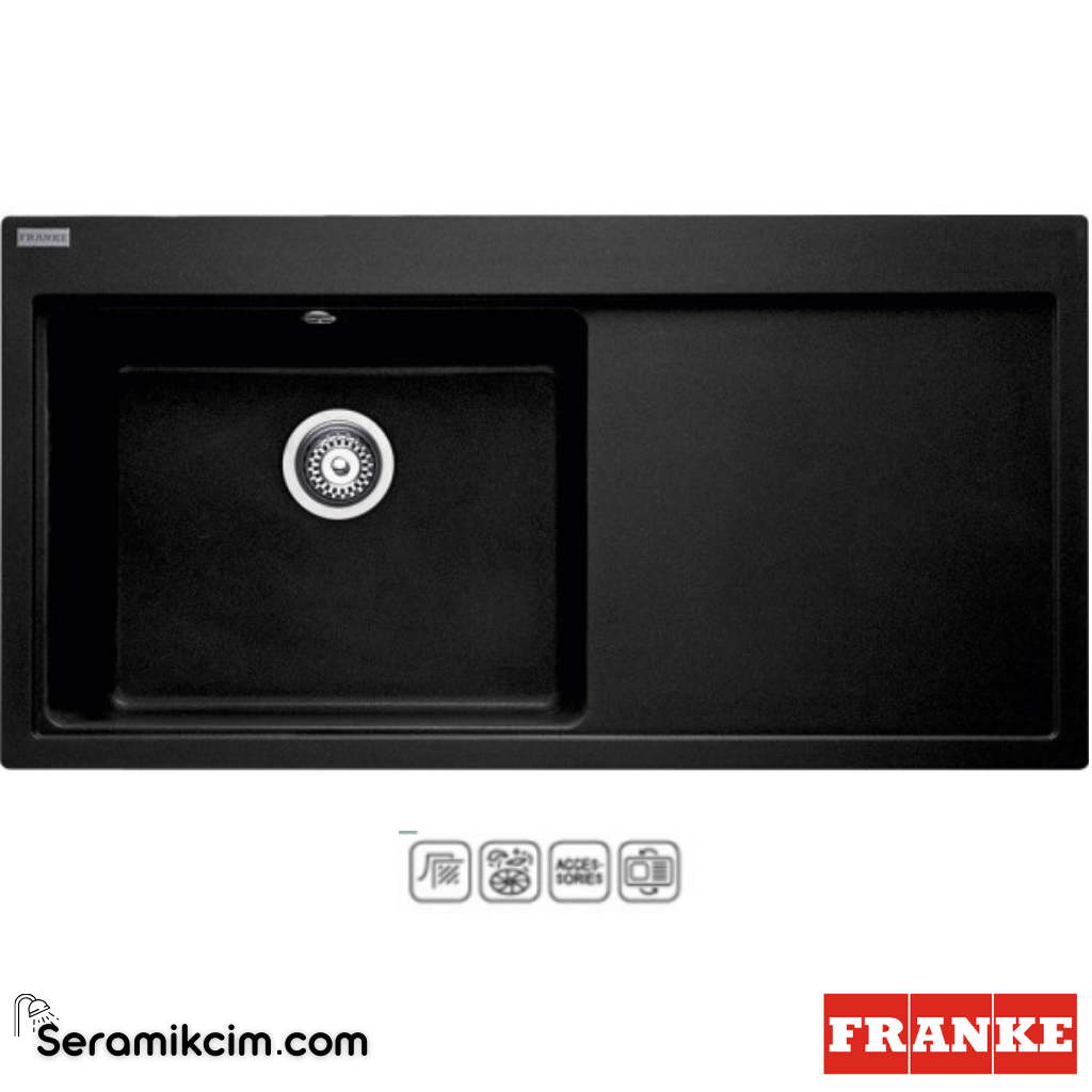 Franke Mythos MTG 611-100 Tezgahüstü Sağ Damlalıklı 1 Gözlü Dikdörtgen 1000x515mm Granit Eviye Nero - 114.0476.996