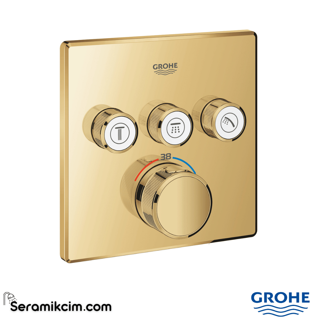 Grohe Grohtherm SmartControl Akış Kontrollü Ankastre Termostatik Banyo Bataryası (3 Yollu, Sıva Üstü Grubu), Parlak Altın 29126GL0
