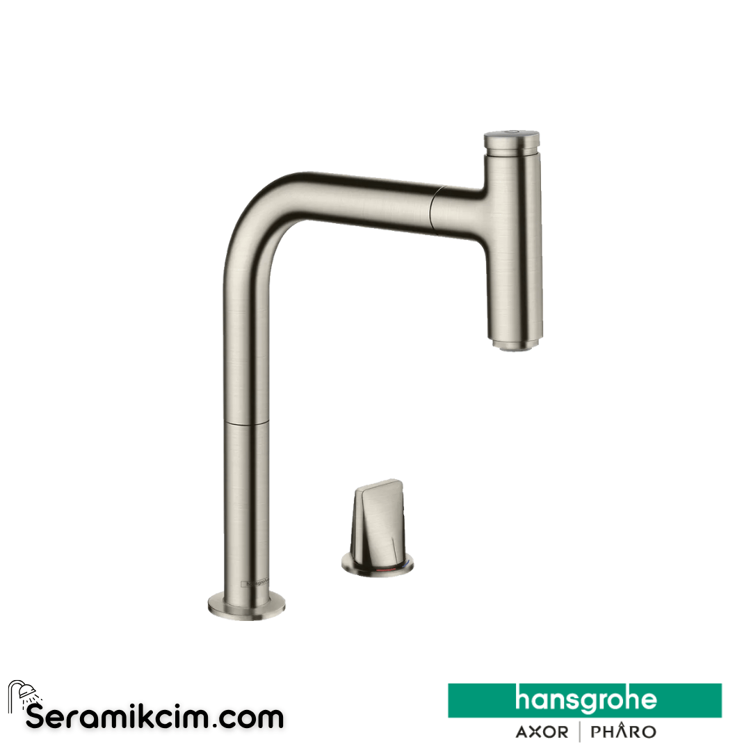 Hansgrohe Metris Select M71 H200 2 Delikli Tek Kollu Eviye Bataryası Spiralli sBox Paslanmaz Çelik 73804800