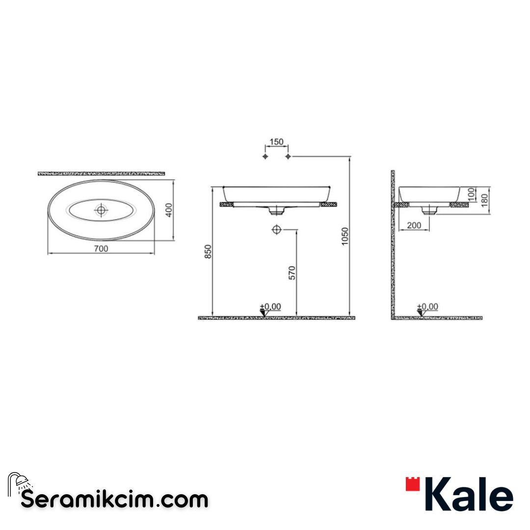 Kale Banyo Dove 70X40 Oval Çanak Lavabo Mat Siyah-Bronz Dekor - 310200200645