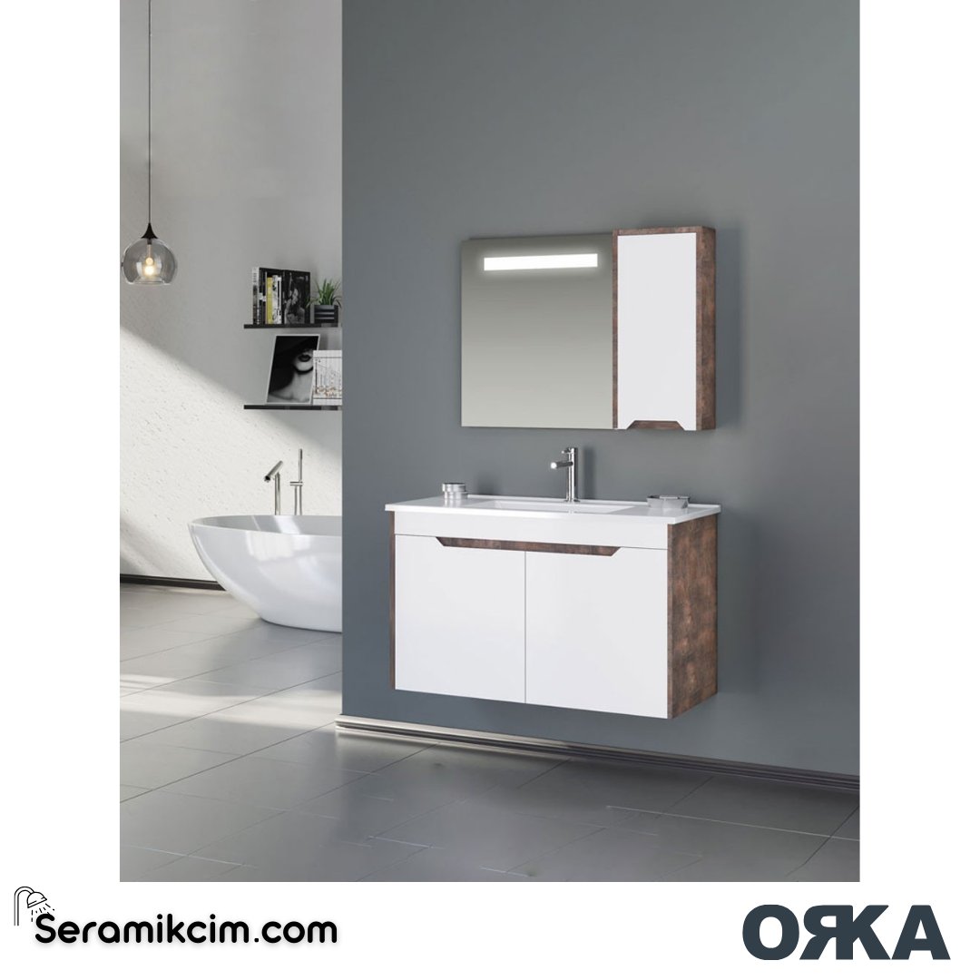 Orka Lago 85cm Banyo Dolabı Set Kahve Taş / Beyaz - ORK154.85.02.TKM