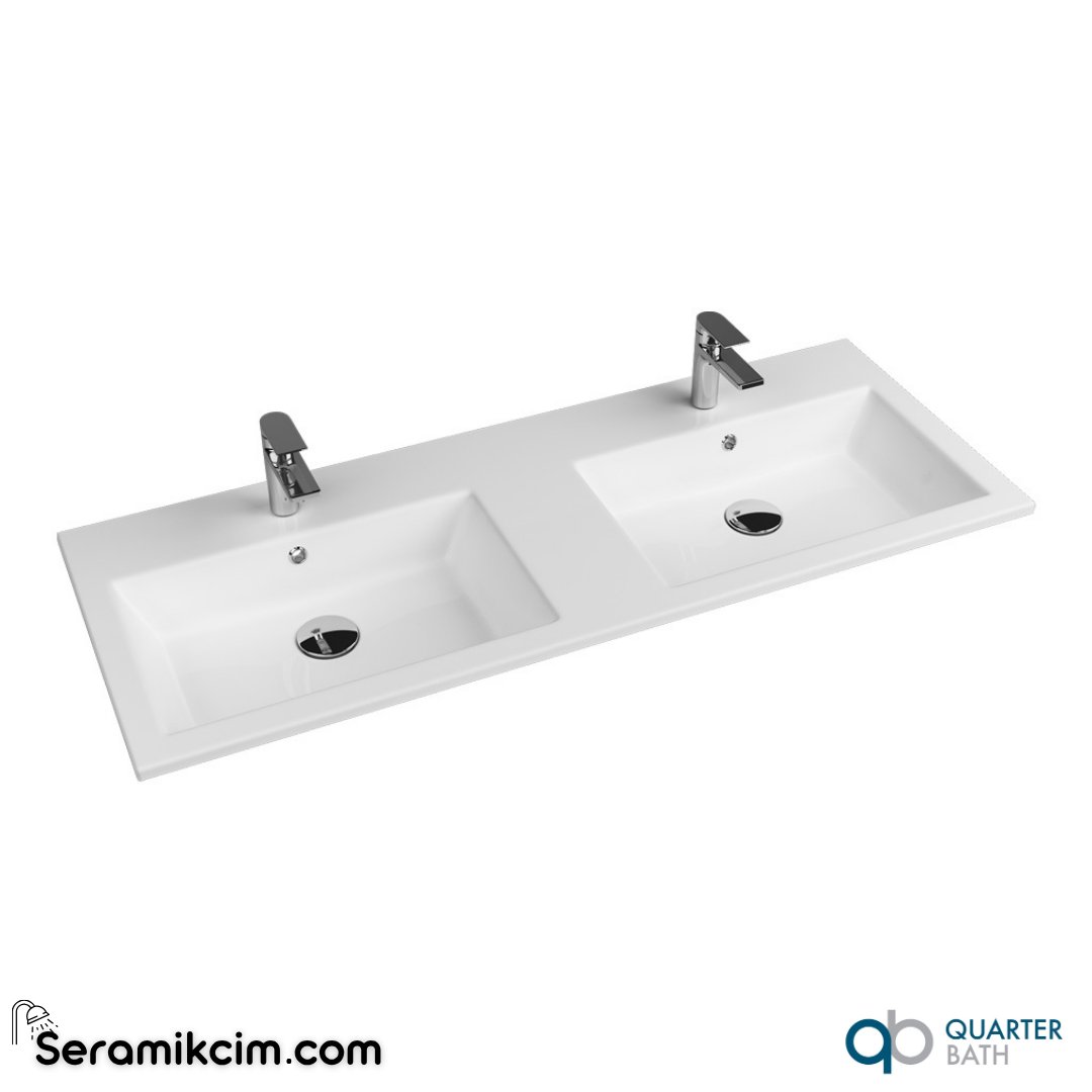 Quarter Bath 120cm Aquasol Line Çift Hazneli Dolap Uyumlu Etajerli Lavabo Beyaz - 70AQ24120
