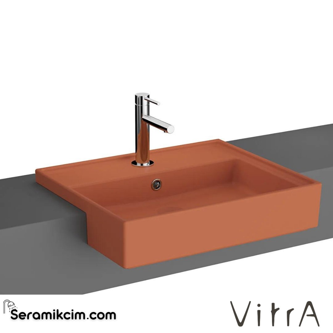 VitrA Archiplan Yarım Tezgah Lavabo 55x46 cm Tek Armatür Delikli, Su Taşma Delikli, Mat Terra Rosa - 7412B077-0001
