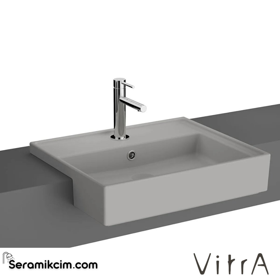 VitrA Archiplan Yarım Tezgah Lavabo 55x46 cm Tek Armatür Delikli, Su Taşma Delikli, Mat Taş Gri - 7412B076-0001