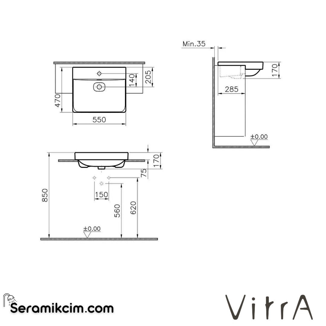 VitrA Metropole Yarım Tezgah Lavabo 55x47 cm Tek Armatür Delikli, Su Taşma Delikli, Mat Taş Gri - 7531B076-0001