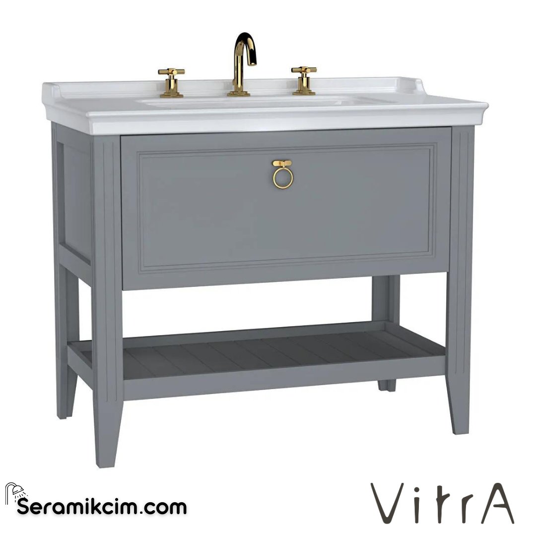 Vitra Valarte Lavabo Dolabı, 100 Cm, Çekmeceli, Etajerli Lavabolu, Üç Armatür Delikli, Krom Kulplu, Mat Gri - 62193