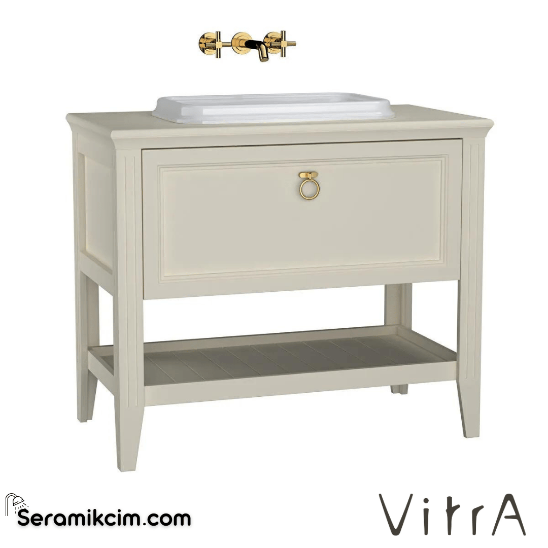 Vitra Valarte Lavabo Dolabı, 100 Cm, Çekmeceli, Tezgahüstü Lavabolu, Krom Kulplu, Mat Fildişi - 62200