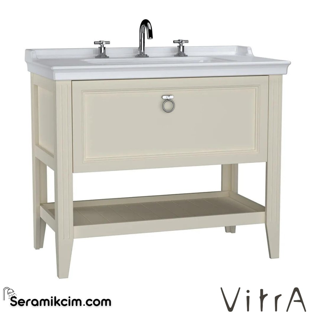Vitra Valarte Lavabo Dolabı, 100 Cm, Çekmeceli, Etajerli Lavabolu, Üç Armatür Delikli, Krom Kulplu, Mat Fildişi - 62194