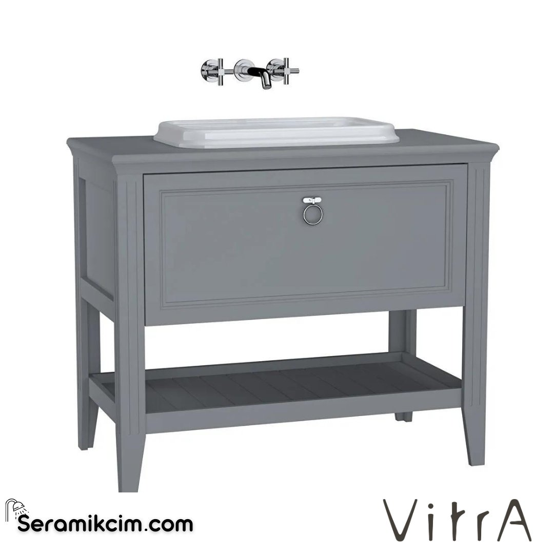 Vitra Valarte Lavabo Dolabı, 100 Cm, Çekmeceli, Tezgahüstü Lavabolu, Krom Kulplu, Mat Gri - 62199