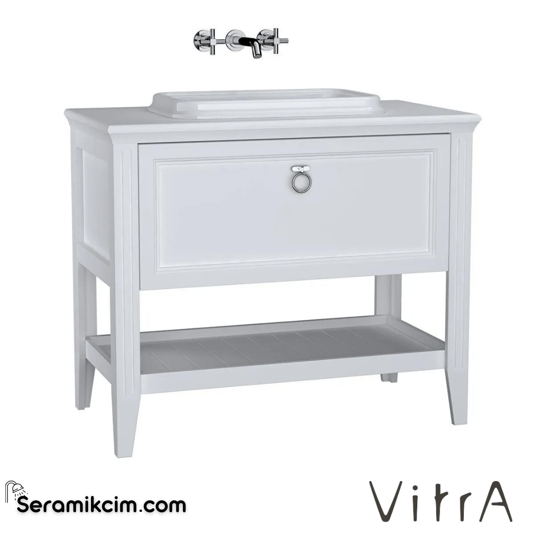 Vitra Valarte Lavabo Dolabı, 100 Cm, Çekmeceli, Tezgahüstü Lavabolu, Krom Kulplu, Mat Beyaz - 62198