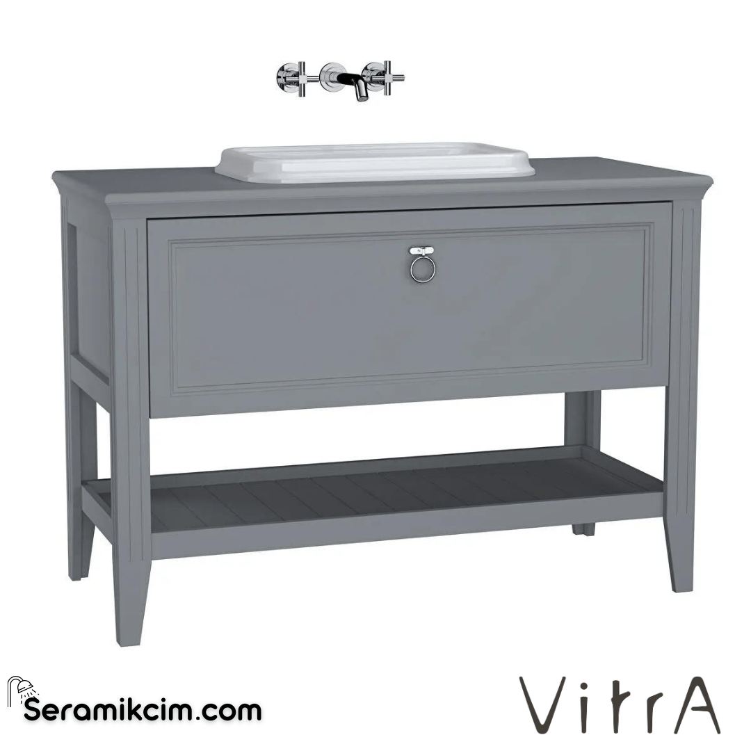 Vitra Valarte Lavabo Dolabı, 120 Cm, Çekmeceli, Tezgahüstü Lavabolu, Krom Kulplu, Mat Gri - 62202
