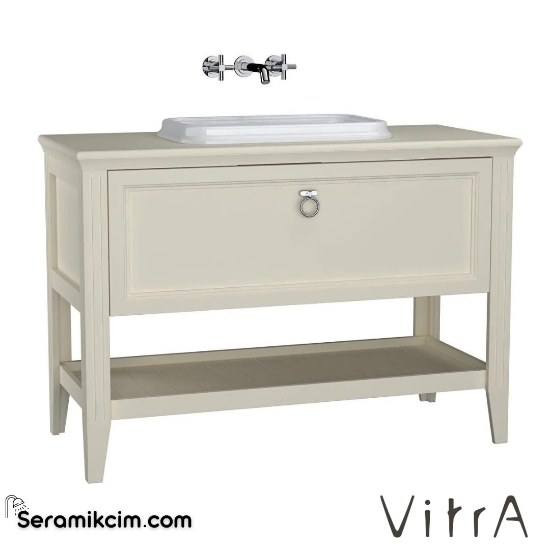 Vitra Valarte Lavabo Dolabı, 120 Cm, Çekmeceli, Tezgahüstü Lavabolu, Krom Kulplu, Mat Fildişi - 62203