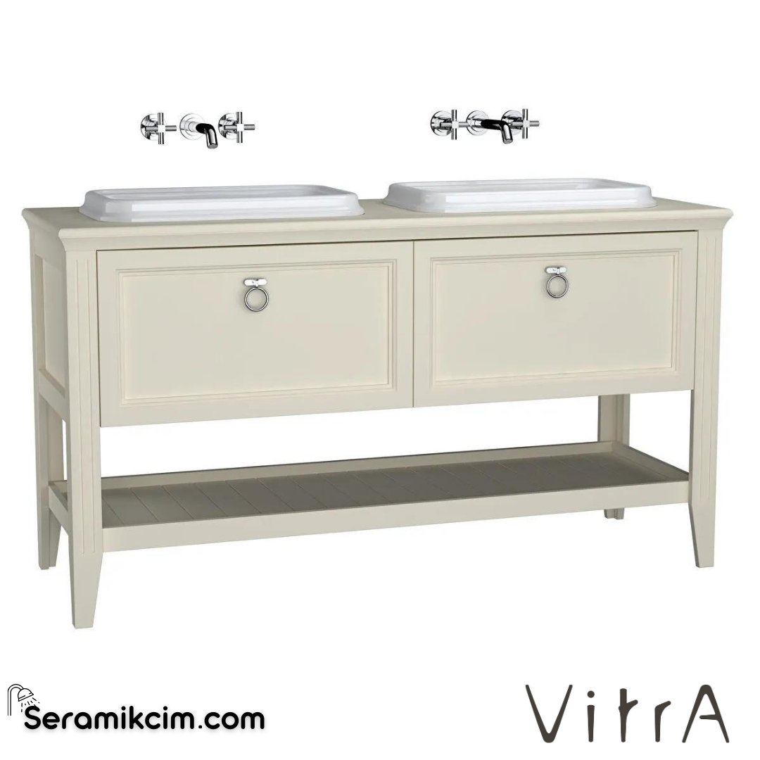 Vitra Valarte Lavabo Dolabı, 150 Cm, Çift Çekmeceli, Tezgahüstü Lavabolu, Krom Kulplu, Mat Fildişi, Çift Lavabolu - 62212