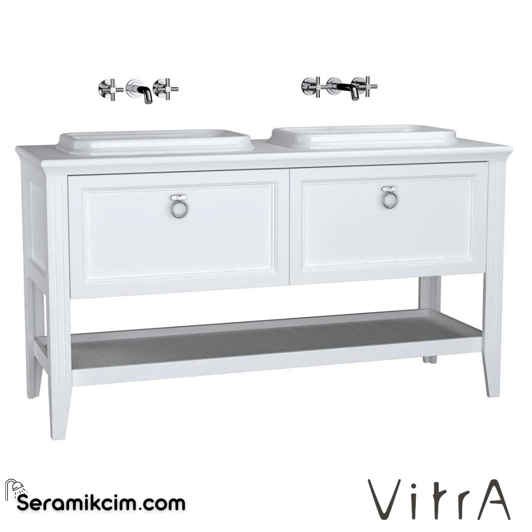 Vitra Valarte Lavabo Dolabı, 150 Cm, Çift Çekmeceli, Tezgahüstü Lavabolu, Krom Kulplu, Mat Beyaz, Çift Lavabolu - 62210