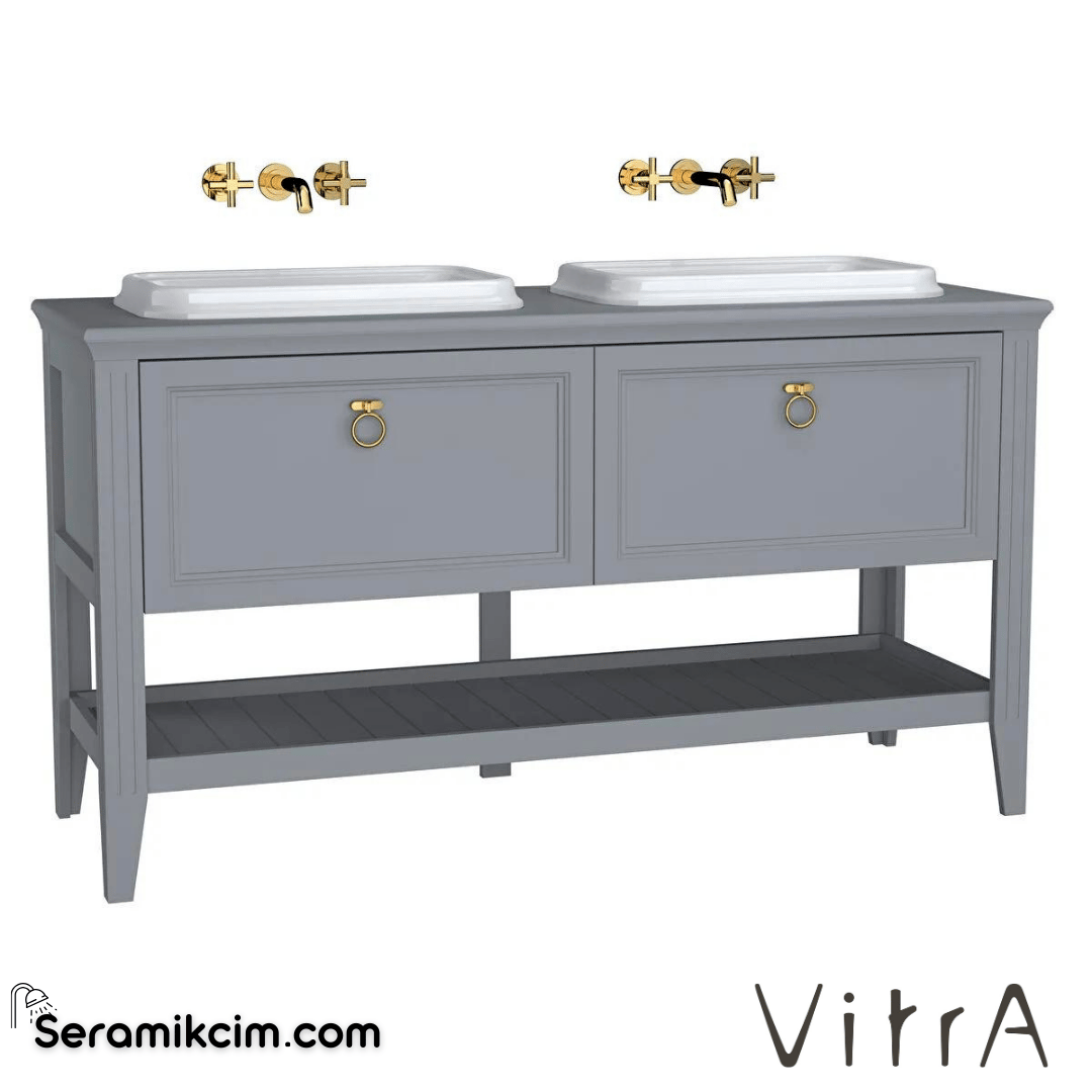 Vitra Valarte Lavabo Dolabı, 150 Cm, Çift Çekmeceli, Tezgahüstü Lavabolu, Krom Kulplu, Mat Gri, Çift Lavabolu - 62211