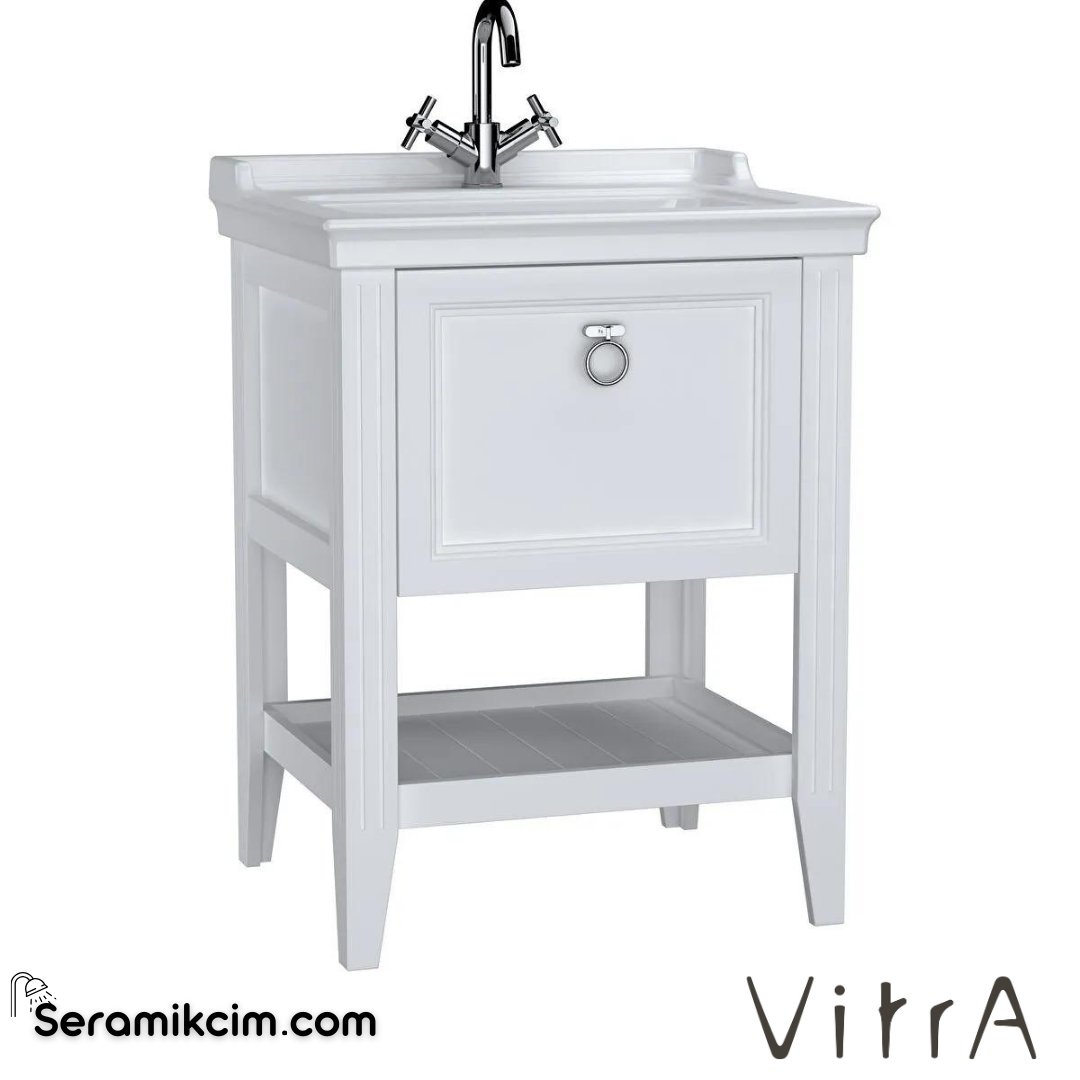 Vitra Valarte Lavabo Dolabı, 65 Cm, Çekmeceli, Etajerli Lavabolu, Tek Armatür Delikli, Krom Kulplu, Mat Beyaz - 62177