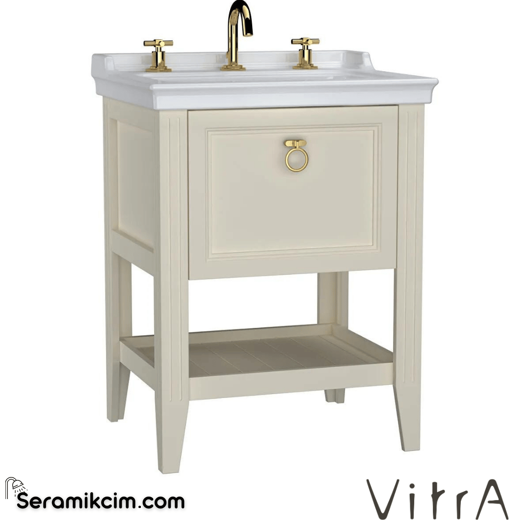 Vitra Valarte Lavabo Dolabı, 65 Cm, Çekmeceli, Etajerli Lavabolu, Üç Armatür Delikli, Krom Kulplu, Mat Fildişi - 62188