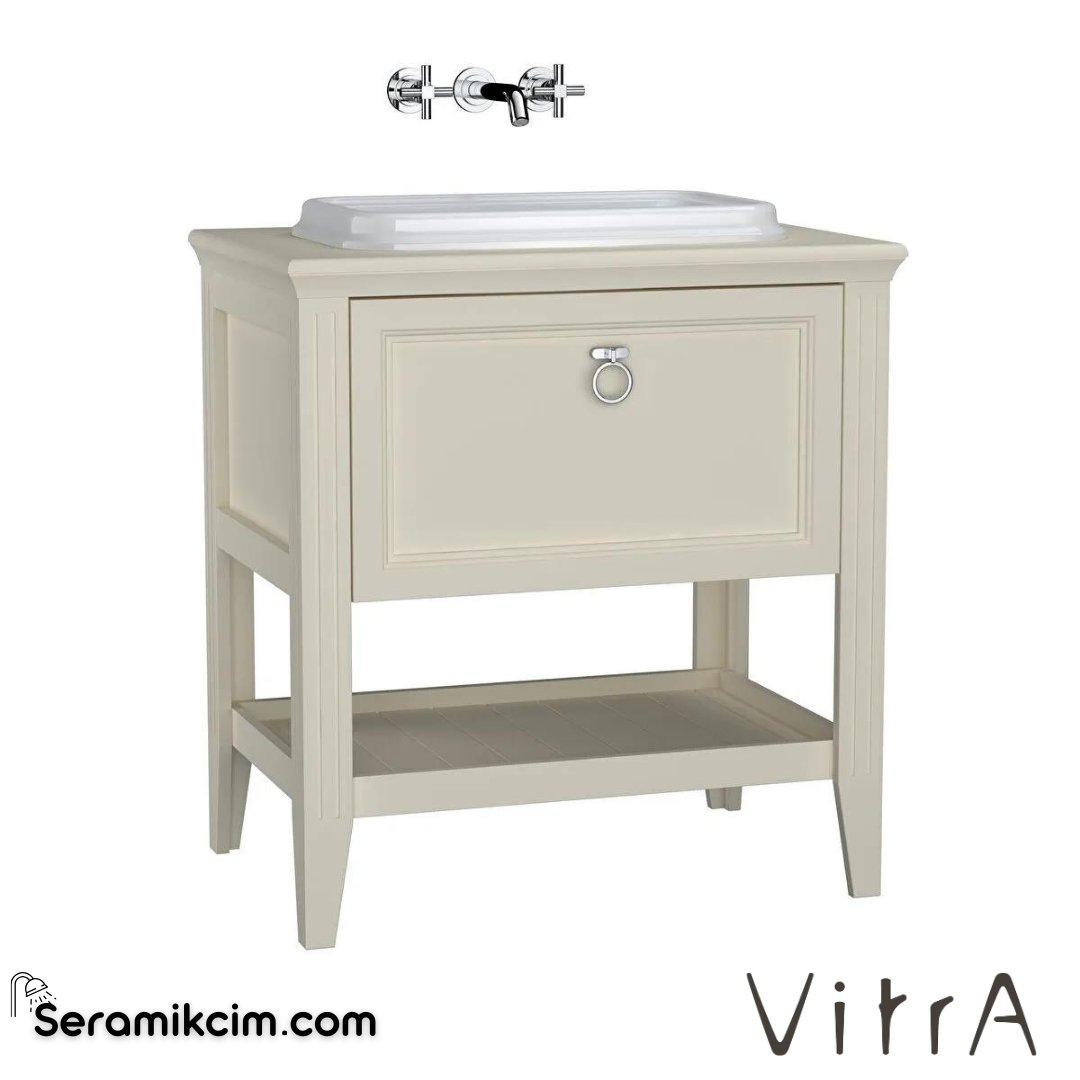 Vitra Valarte Lavabo Dolabı, 80 Cm, Çekmeceli, Tezgahüstü Lavabolu, Krom Kulplu, Mat Fildişi - 62197