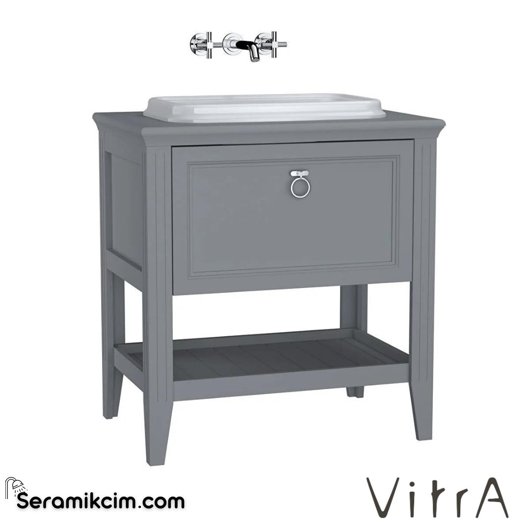 Vitra Valarte Lavabo Dolabı, 80 Cm, Çekmeceli, Tezgahüstü Lavabolu, Krom Kulplu, Mat Gri - 62196