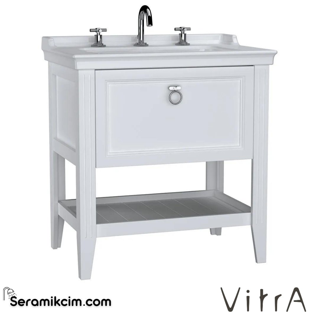 Vitra Valarte Lavabo Dolabı, 80 Cm, Çekmeceli, Etajerli Lavabolu, Üç Armatür Delikli, Krom Kulplu, Mat Beyaz - 62189