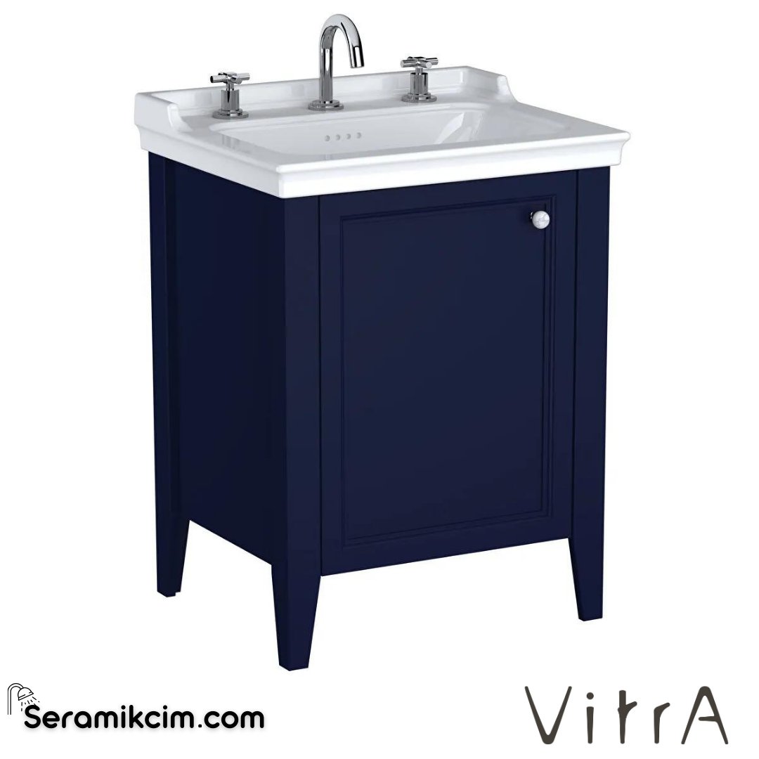 Vitra Valarte Neo Lavabo Dolabı, 65 Cm, Kapaklı, Etajerli Lavabolu, Üç Armatür Delikli, Çelik Mavisi, Sol - 65768
