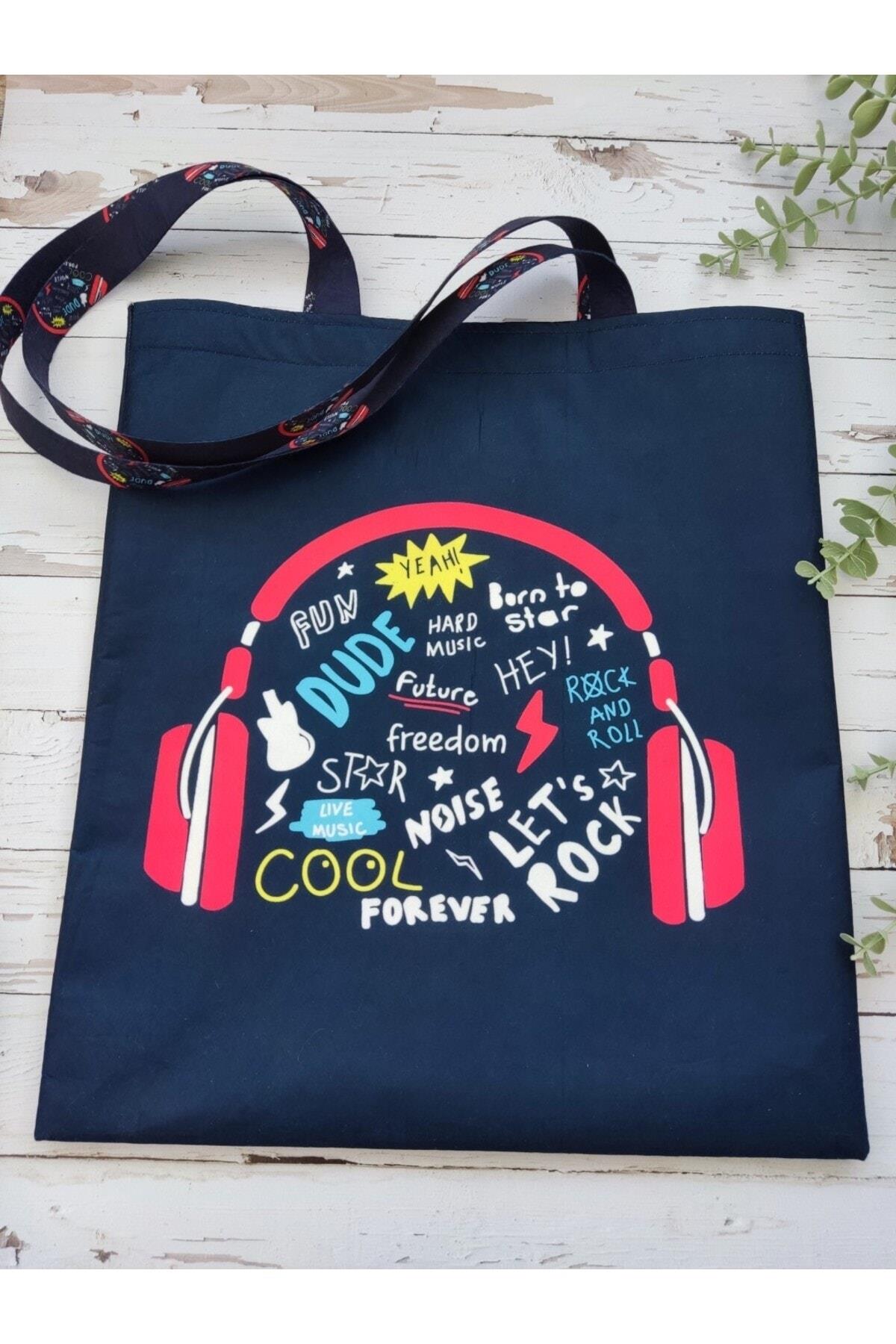 Kulaklık Müzik Temalı Desenli Baskılı Kumaş Çanta Omuz Askılı Bez Çanta