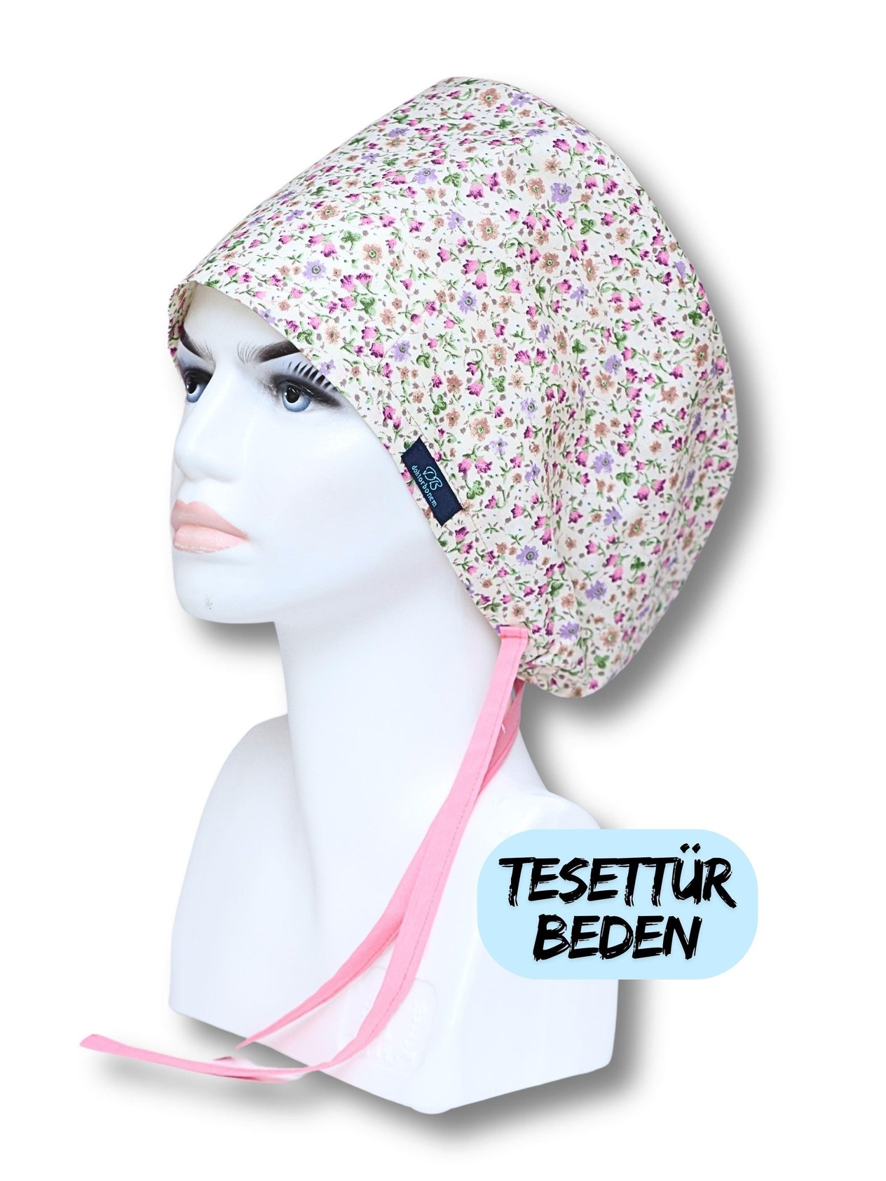 Tesettür Krem Çıtır Çiçek Desenli Cerrahi Bone Doktor Hemşire Sağlıkçı Bonesi Geniş Kesim