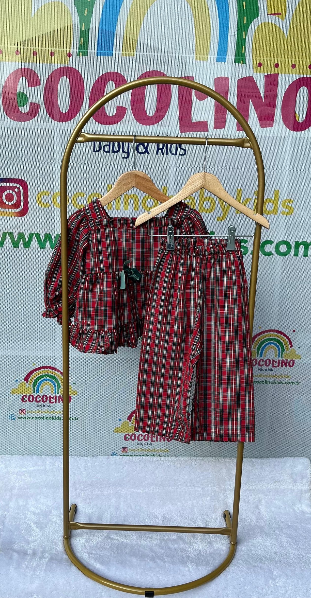 Kız Çocuk Kırmızı Ekose Yılbaşı Noel Pijama Takımı