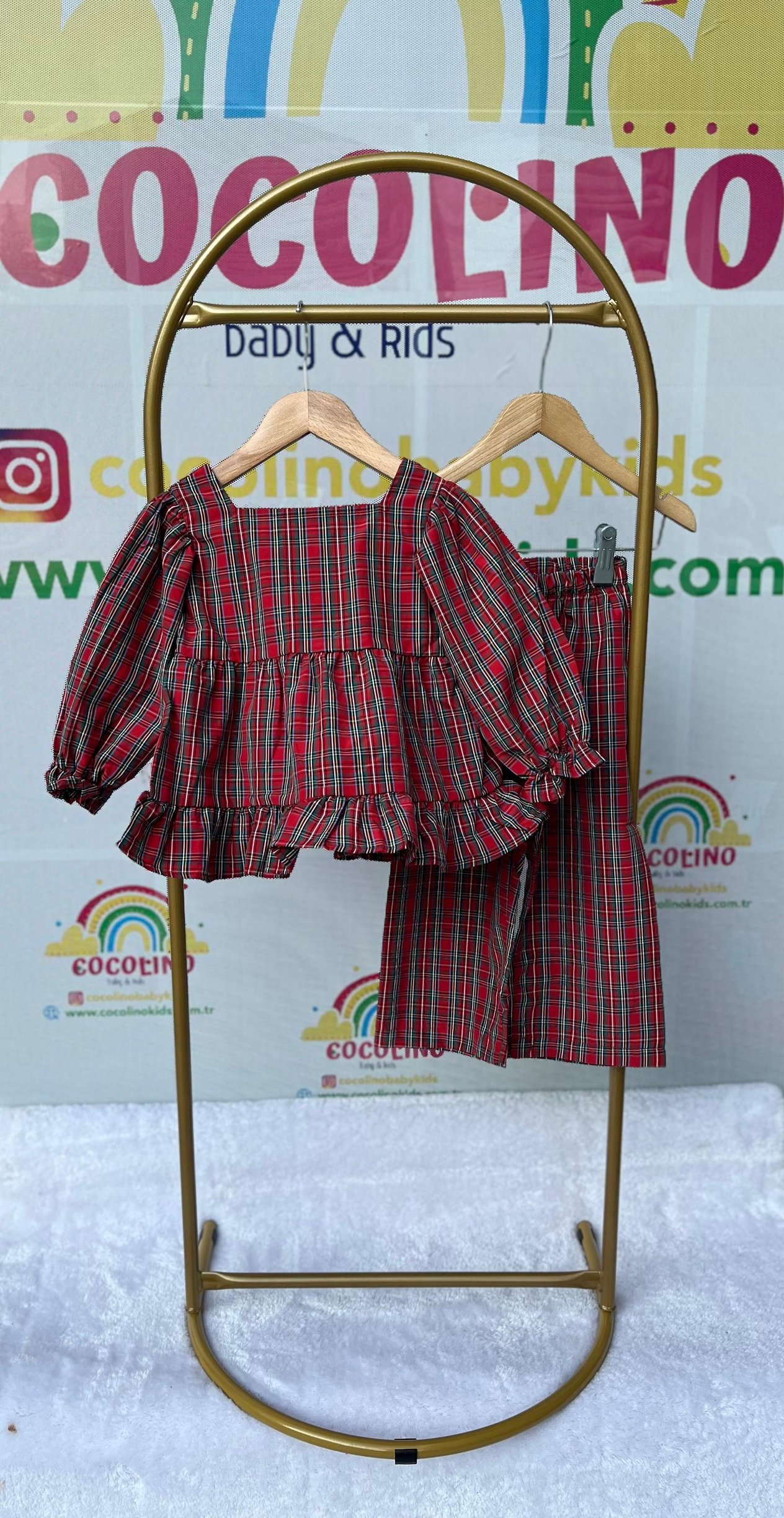 Kız Çocuk Kırmızı Ekose Yılbaşı Noel Pijama Takımı