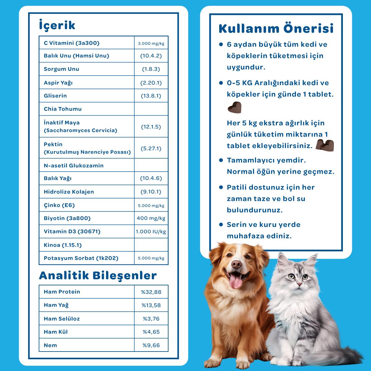 Vet's Plus Derma Care Kedi ve Köpekler İçin Deri ve Tüy Yapısı Desteği Çiğnenebilir Tablet (60'lı)