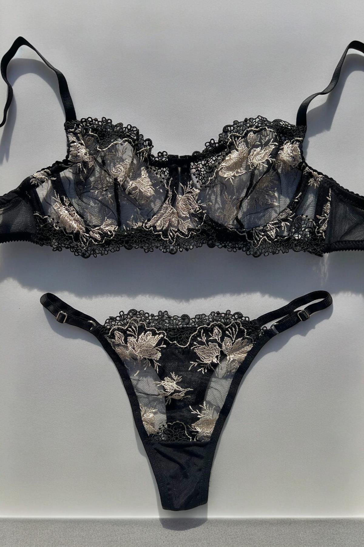 Ekru Çiçekli Siyah Bralet Takım