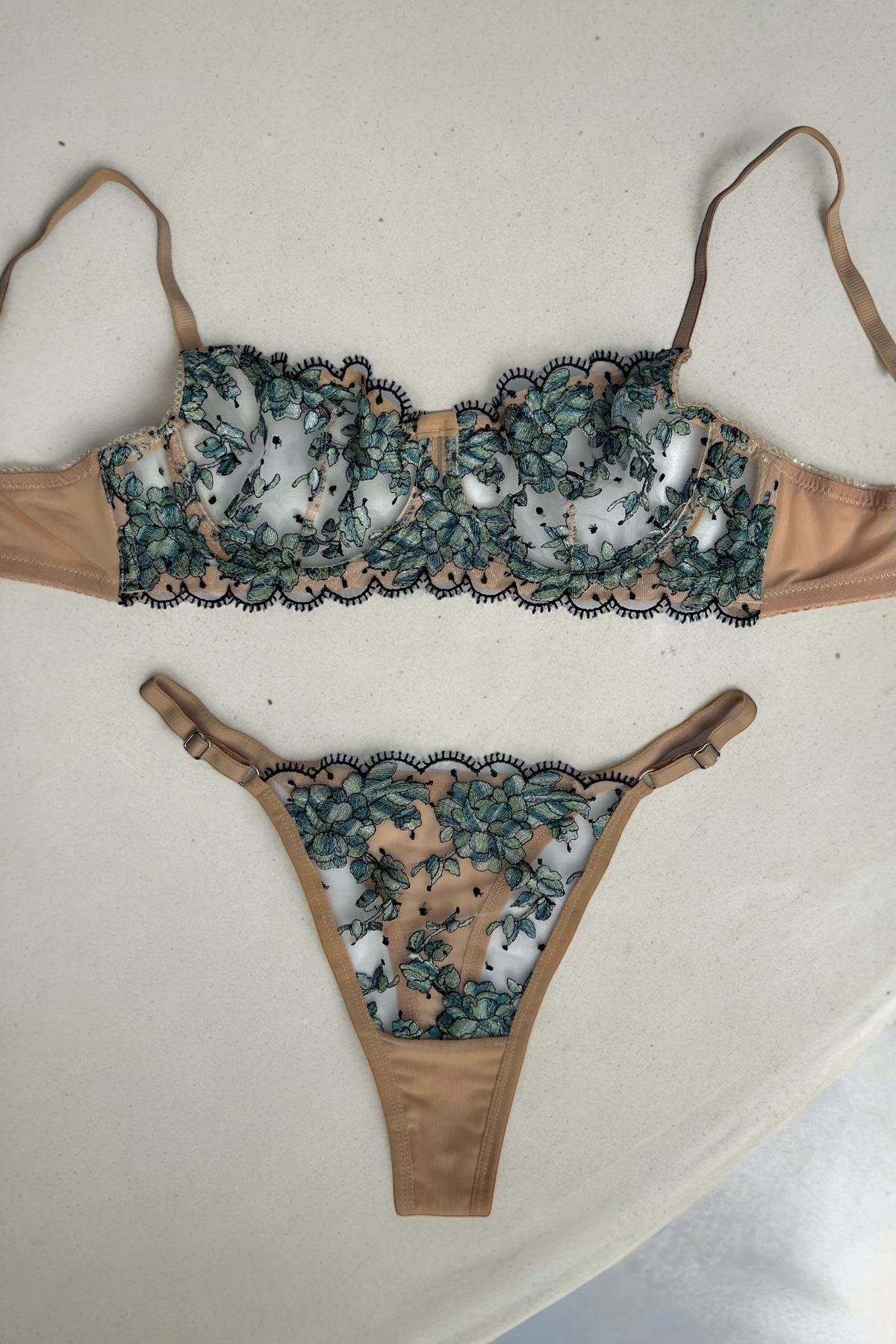 Yeşil Çiçekli Nude Bralet Takım