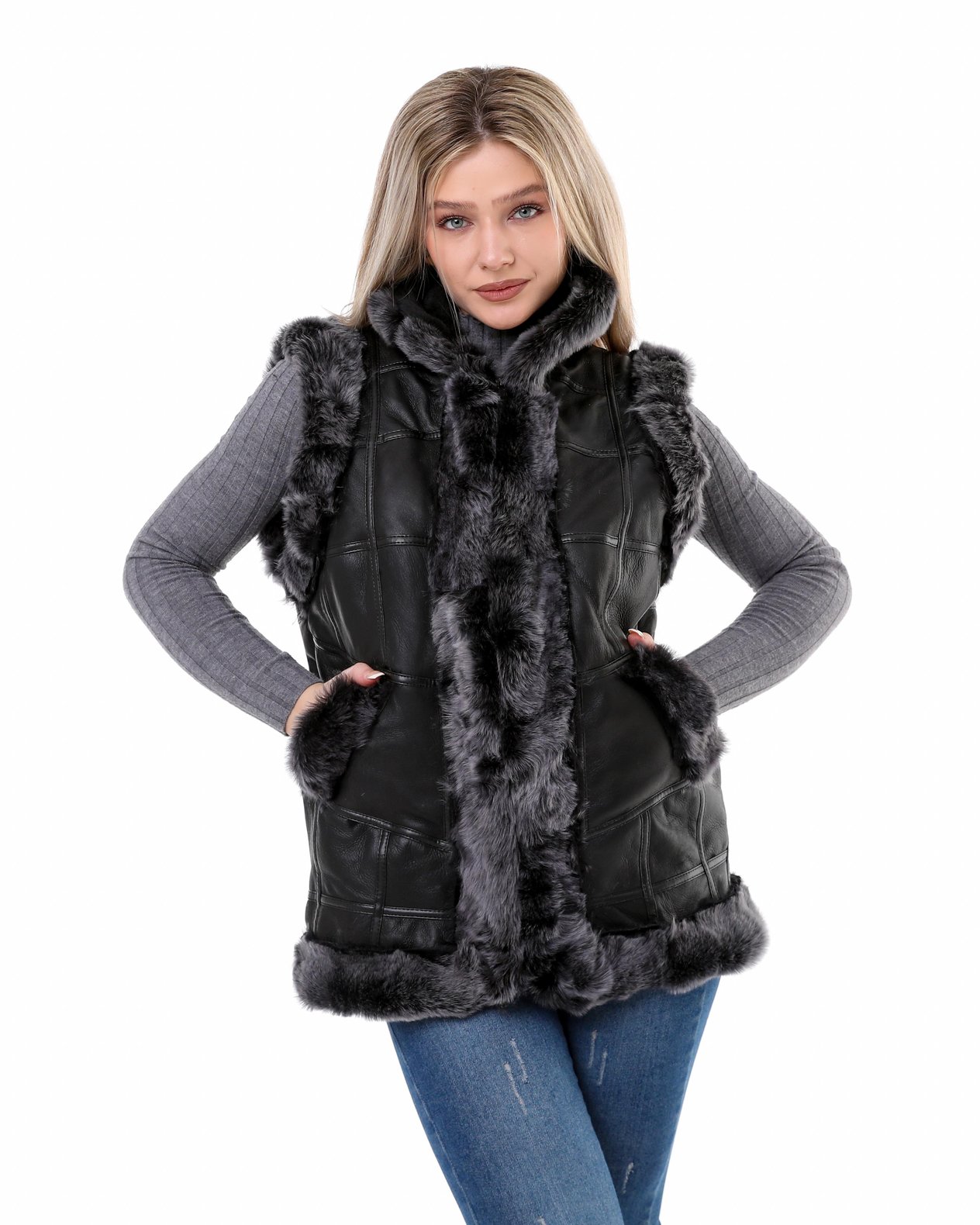 Unisex Kürklü Deri Brisa Tüylü Siyah Yelek