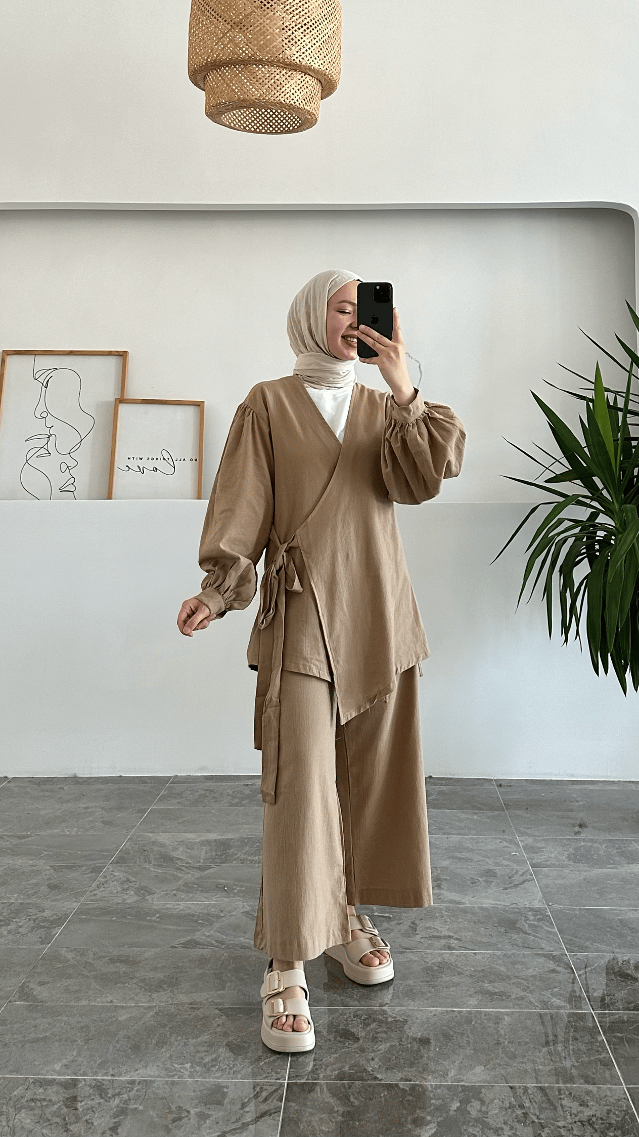 Acaz Sütlü Kahve Keten Kimono Takım
