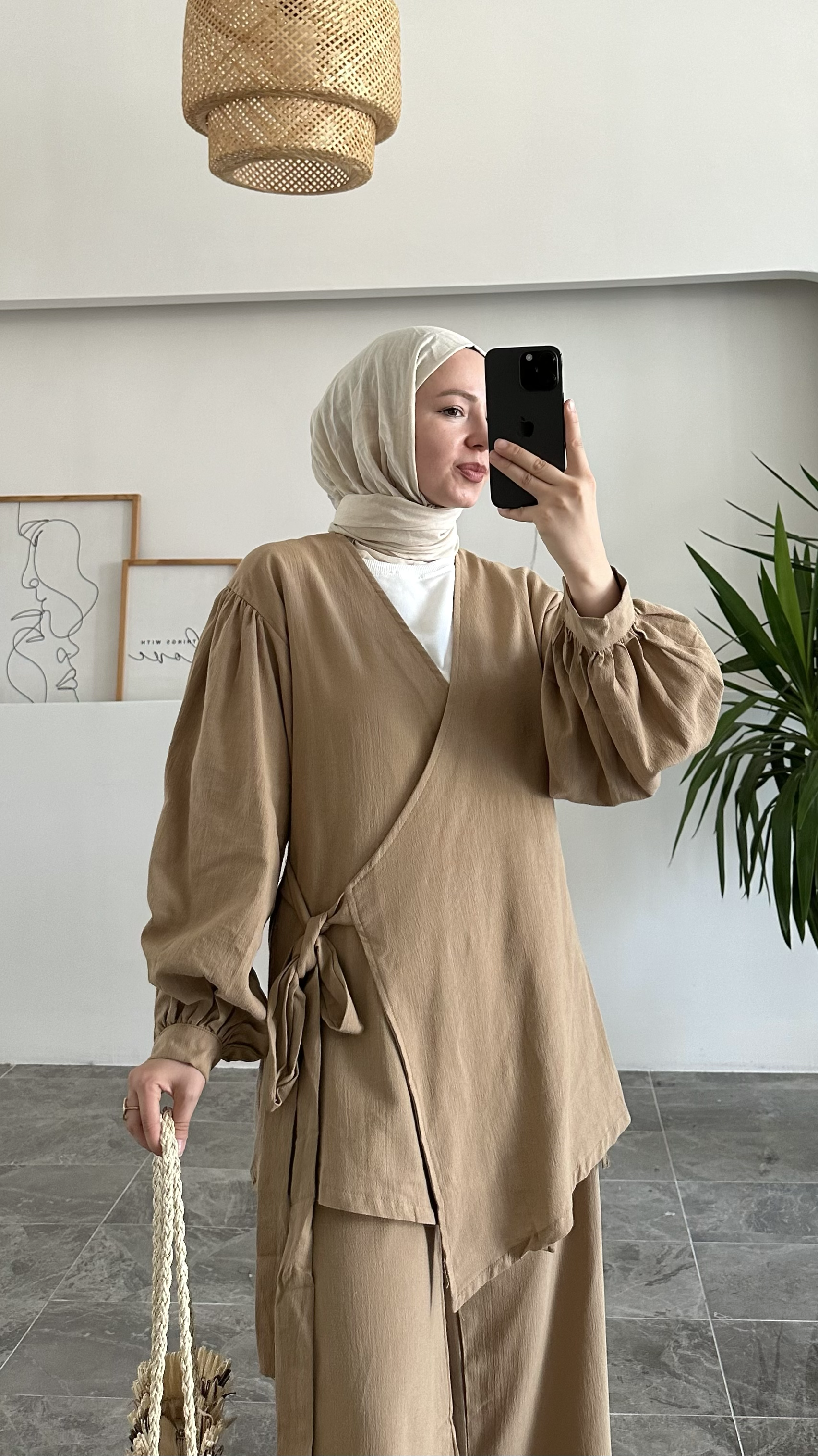 Acaz Sütlü Kahve Keten Kimono Takım