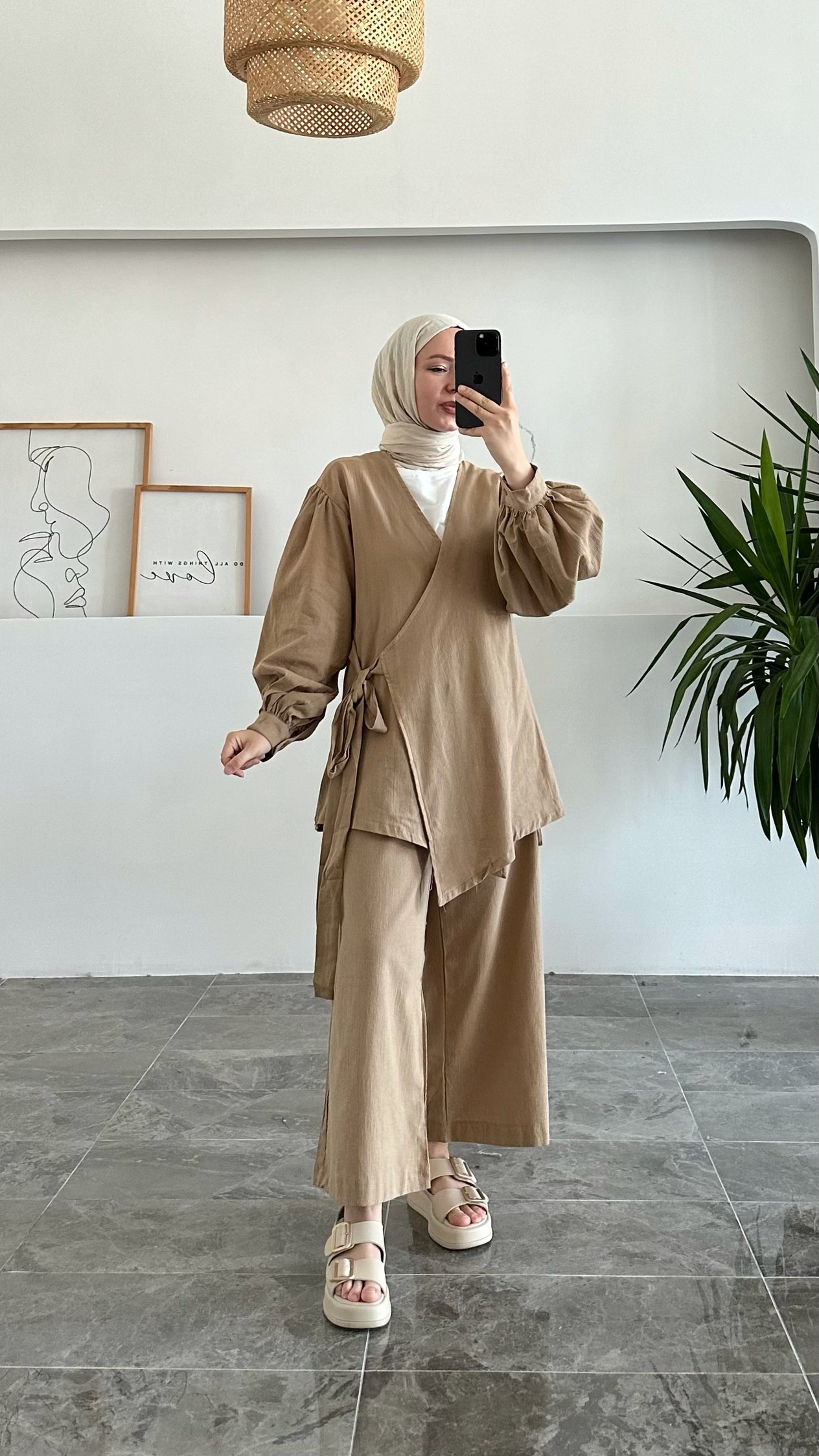 Acaz Sütlü Kahve Keten Kimono Takım