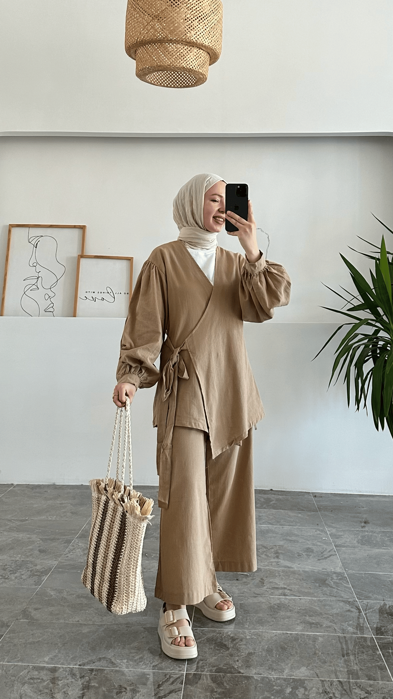 Acaz Sütlü Kahve Keten Kimono Takım