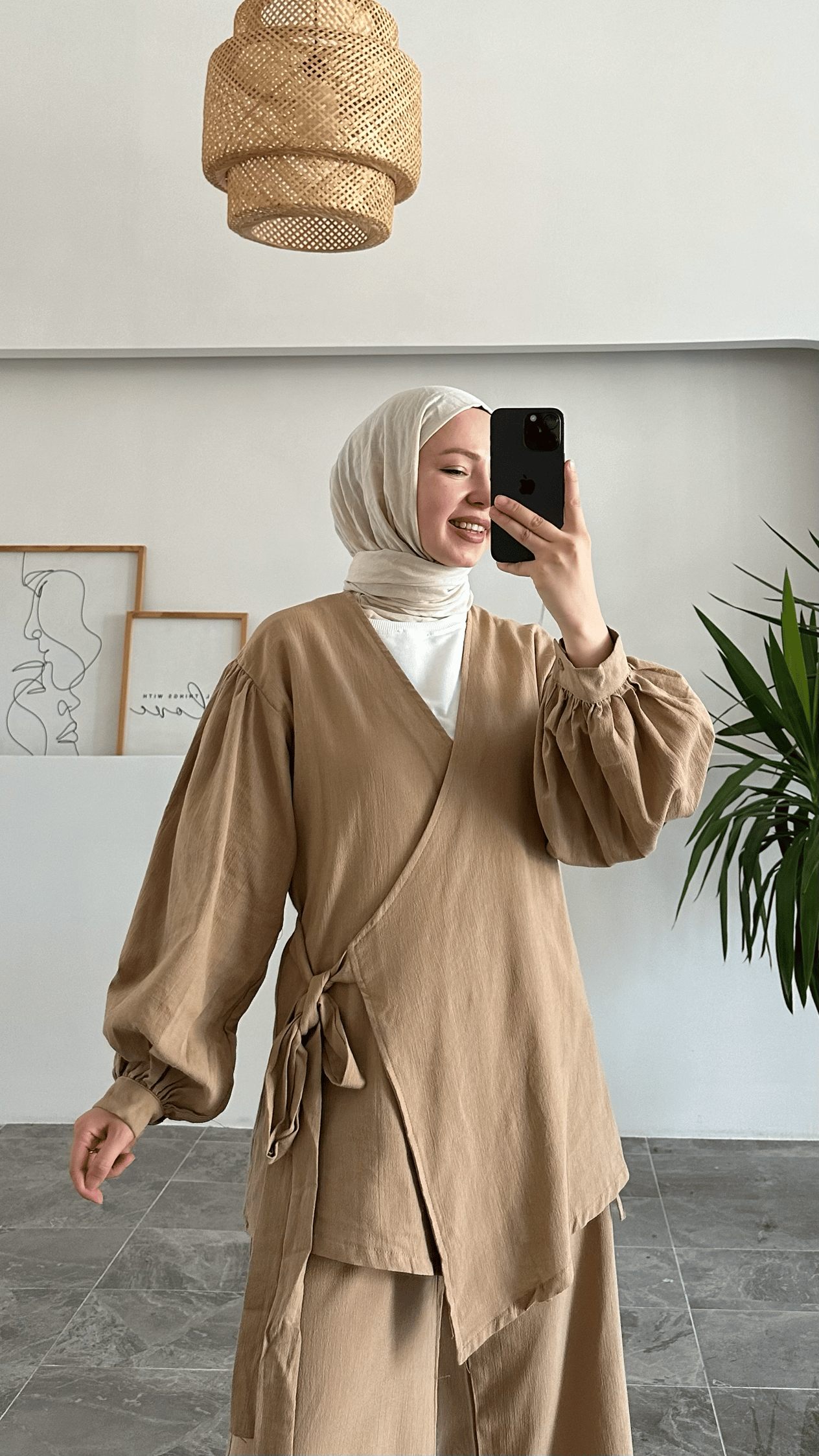 Acaz Sütlü Kahve Keten Kimono Takım