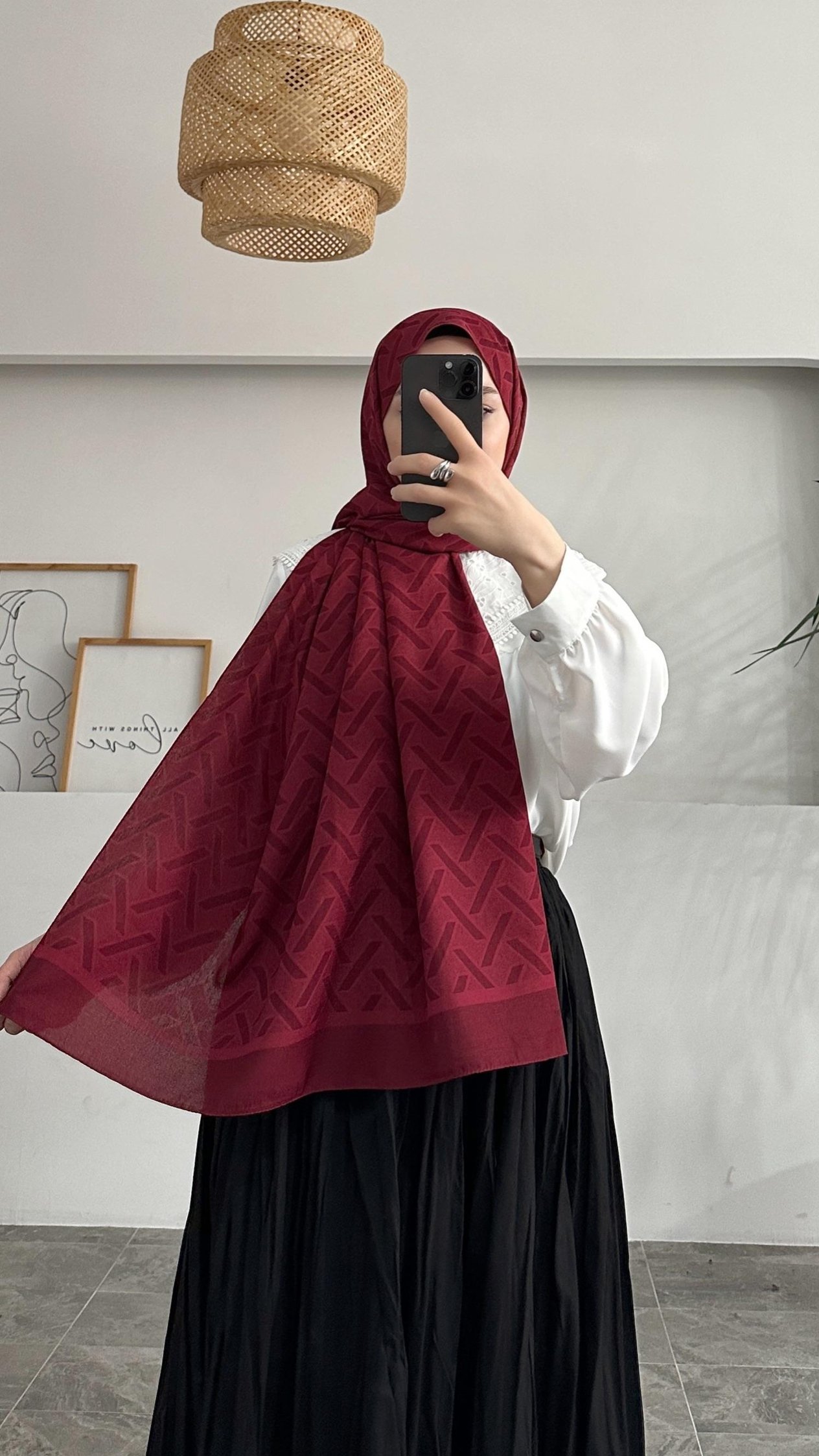 Çift Taraflı Geometrik Desen Bordo Pamuk Şal