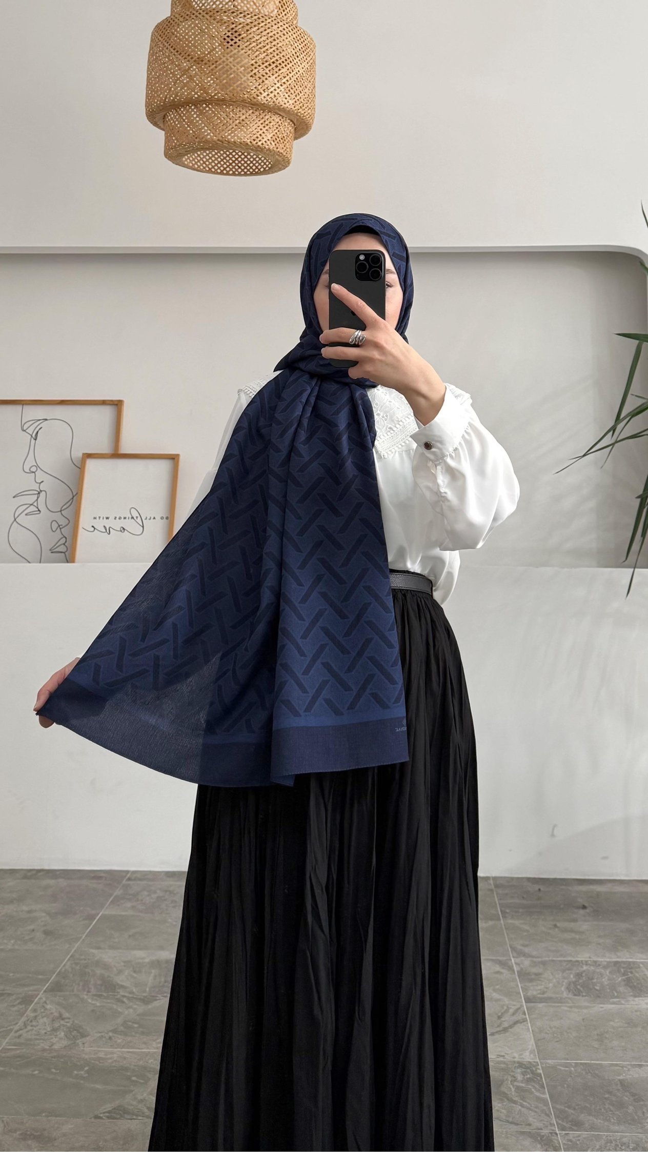 Çift Taraflı Geometrik Desen Lacivert Pamuk Şal