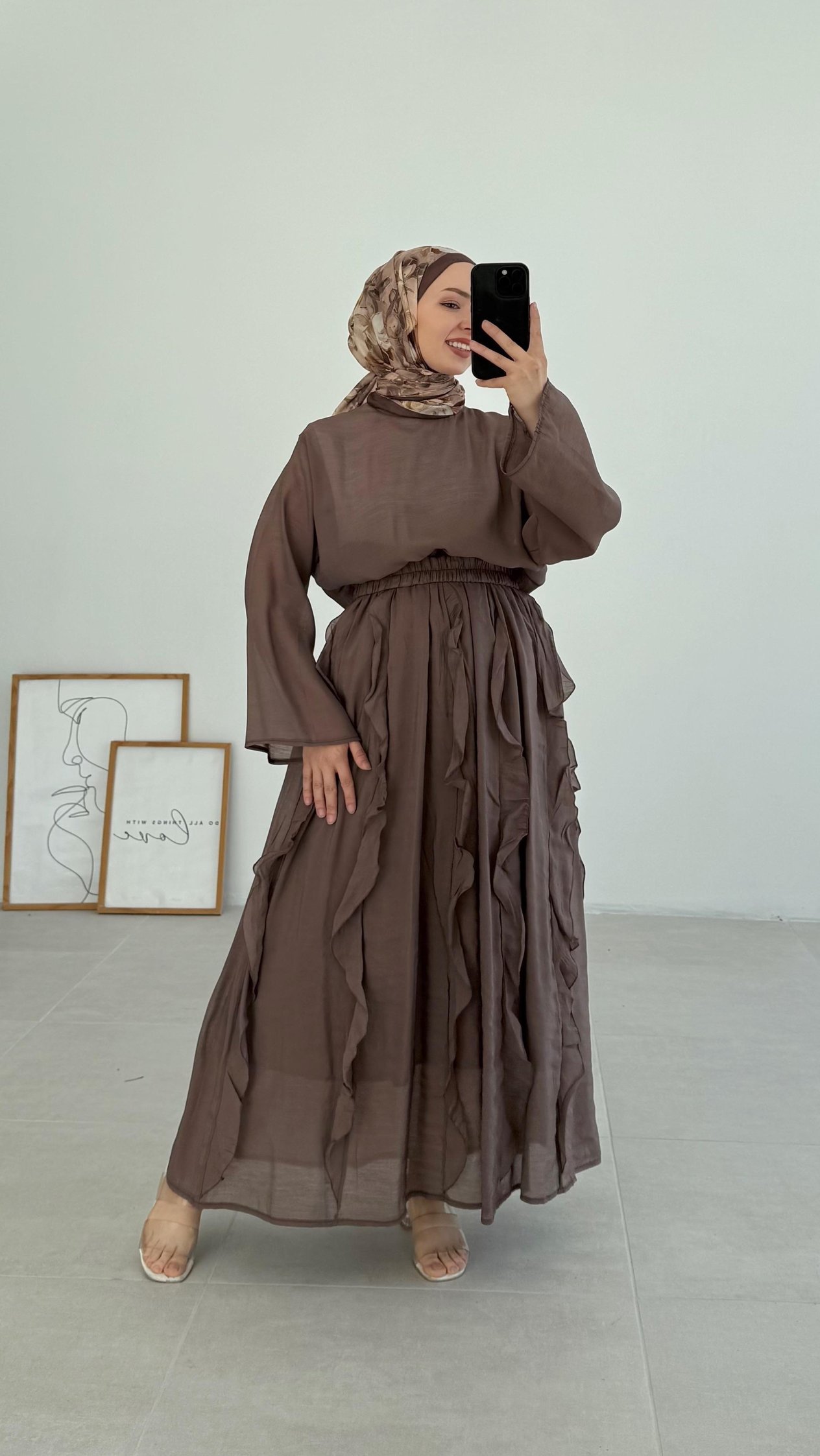 Lanse HM Model Şifon Kahverengi Etek Takım