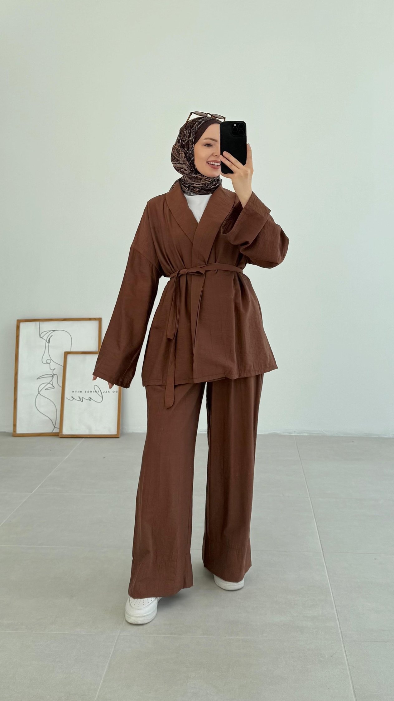 Sahra Rahat Kimono Kahverengi Takım