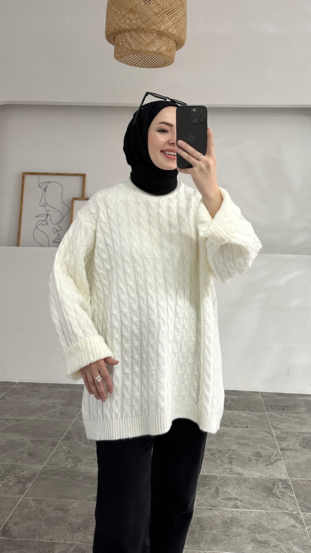 Semiramis Premium Örgü Desen Beyaz Atkılı Kazak